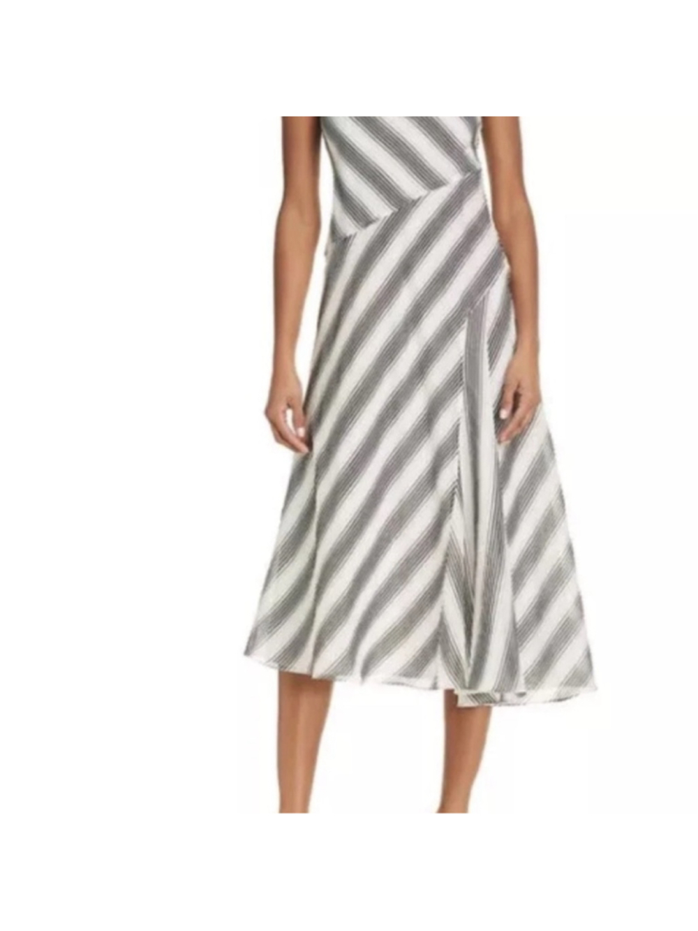 Theory Women's Athens A Line Asymmetrical Elegant Striped Black and Ivory Dress- - Picture 2 of 7